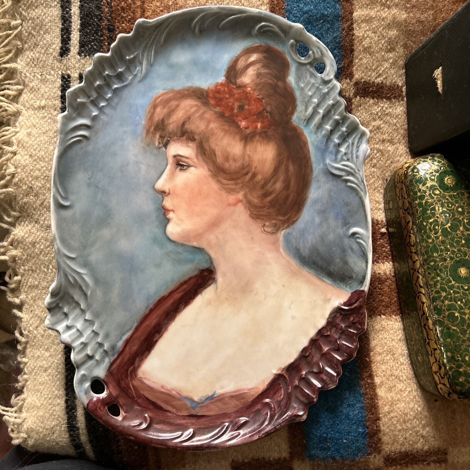 Early 1900s Antique China Painted Lady Platter Plaque