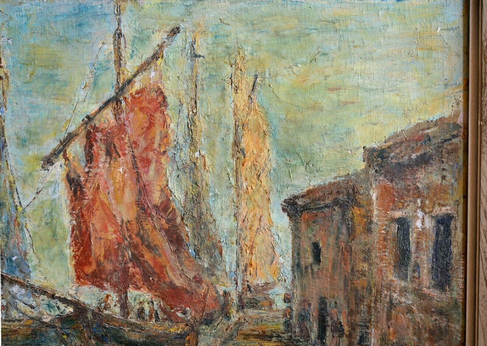 Impressionist Oil Painting: Ships Docked at Port 1900s