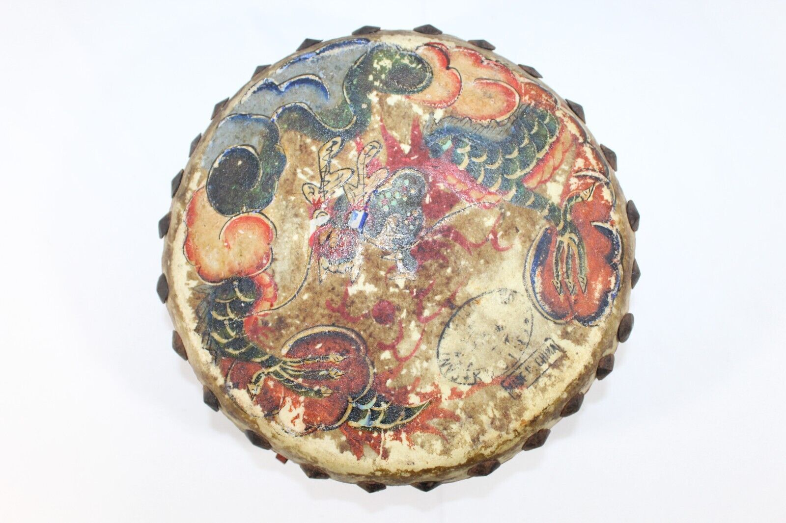 Chinese Double Sided Hide Tack Drum Antique Dragon