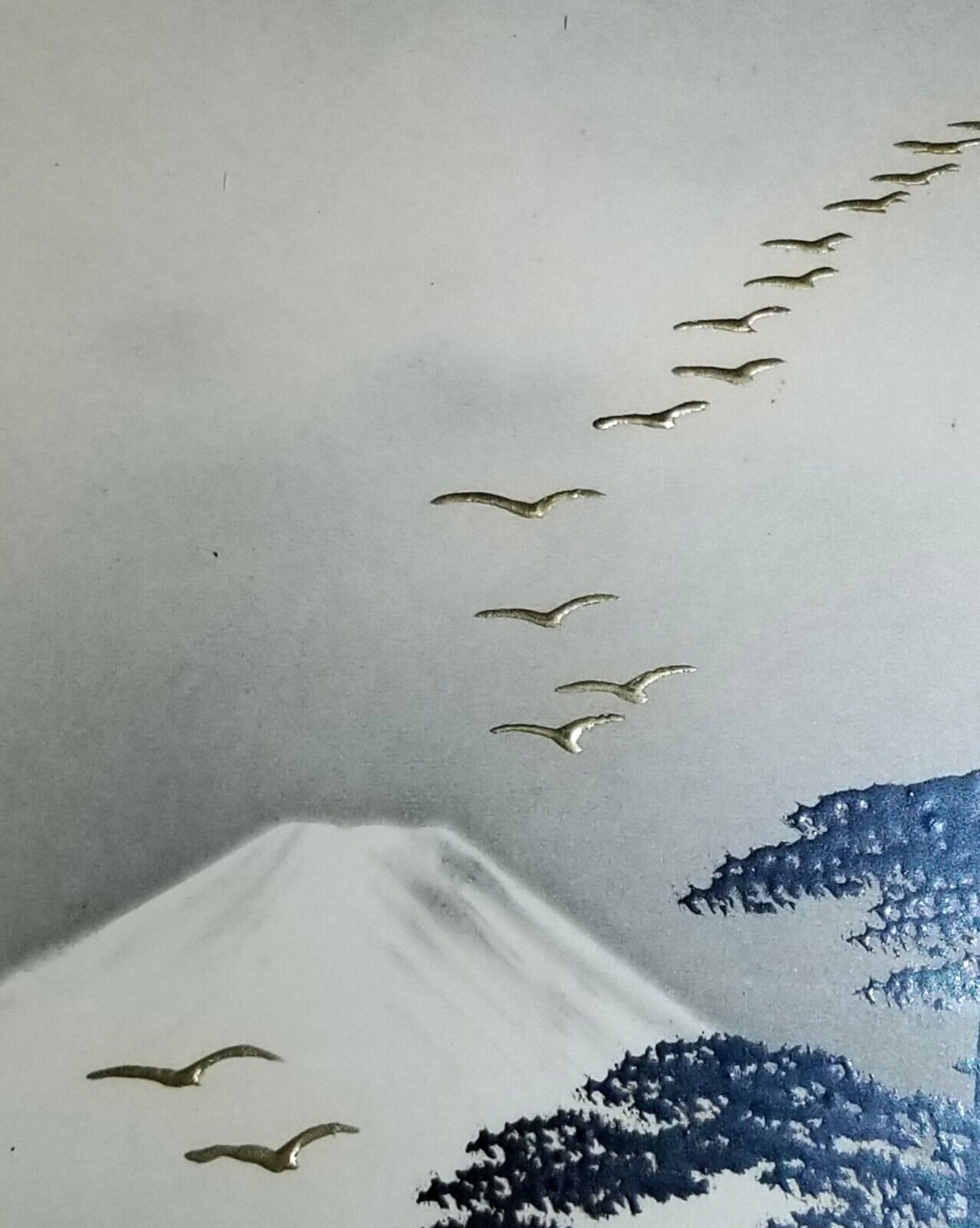1900s-30s Japanese MT FUJI Gold Painting, Tiger Maple Frame