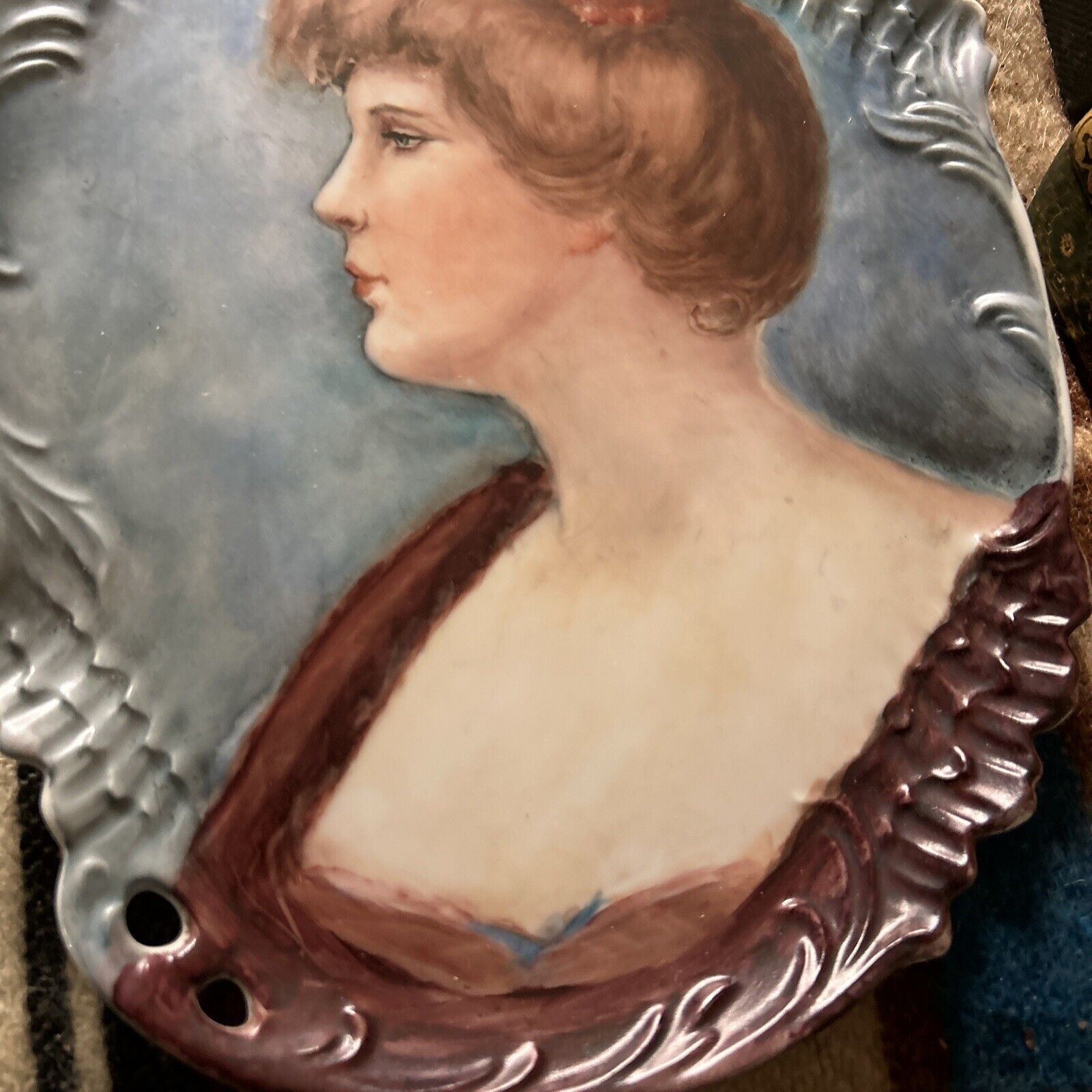 Early 1900s Antique China Painted Lady Platter Plaque