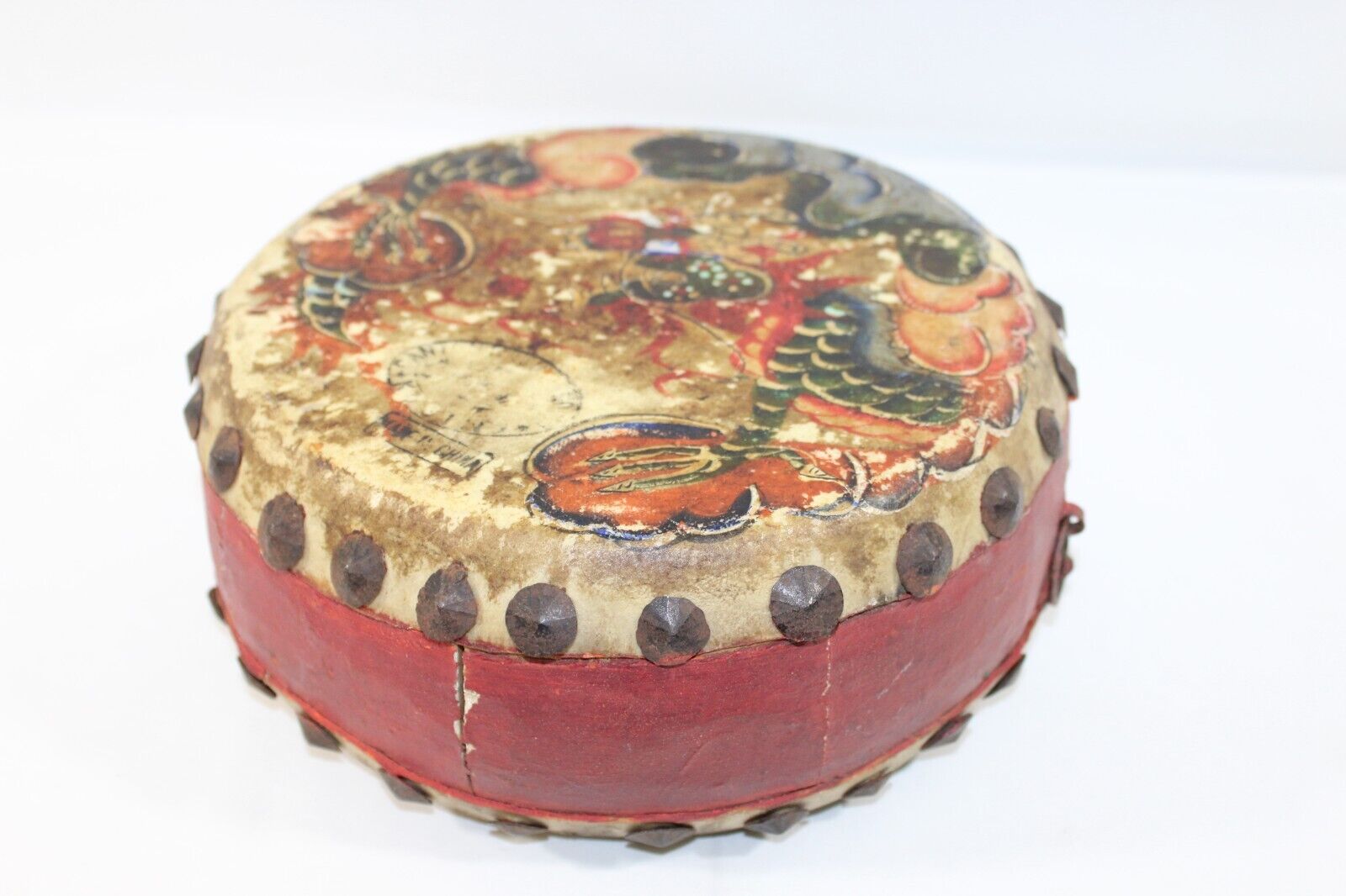 Chinese Double Sided Hide Tack Drum Antique Dragon