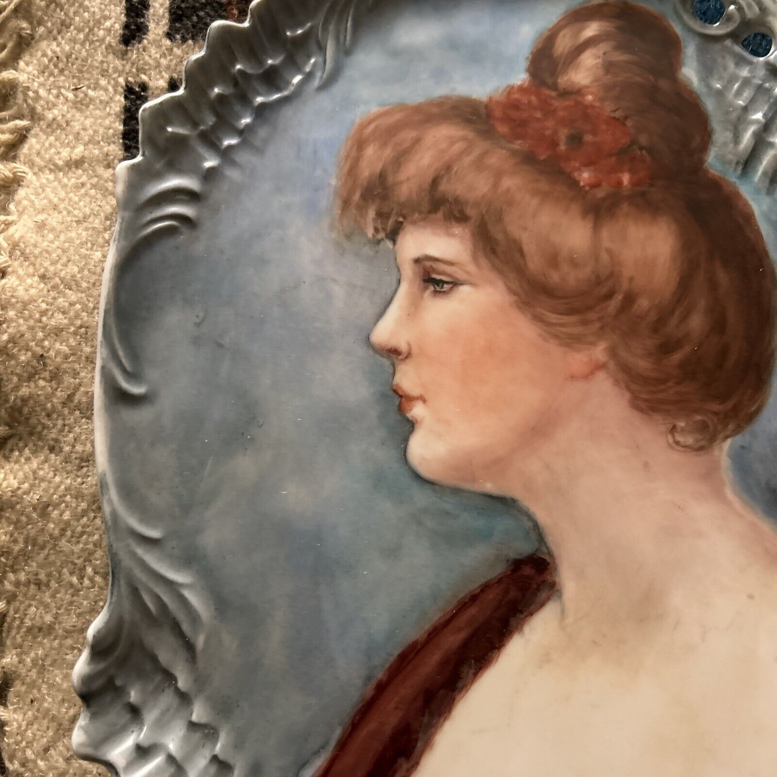 Early 1900s Antique China Painted Lady Platter Plaque