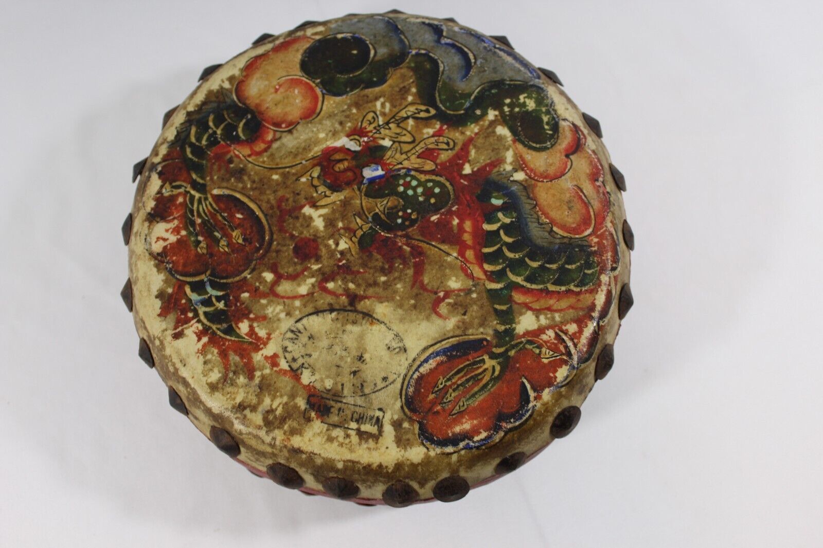 Chinese Double Sided Hide Tack Drum Antique Dragon