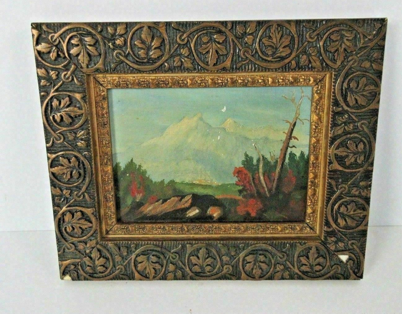 Snowy mountain landscape on small antique oil panel