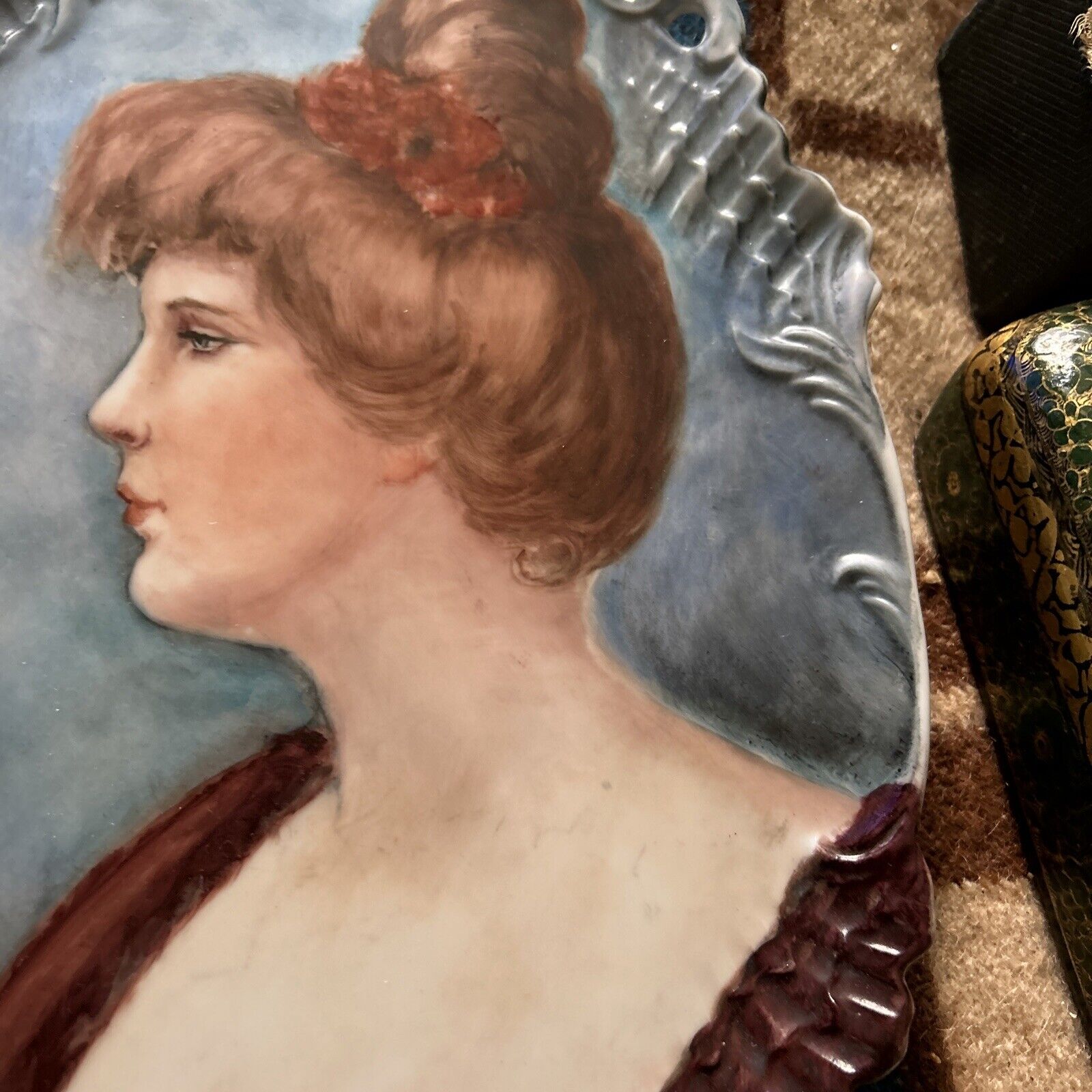 Early 1900s Antique China Painted Lady Platter Plaque