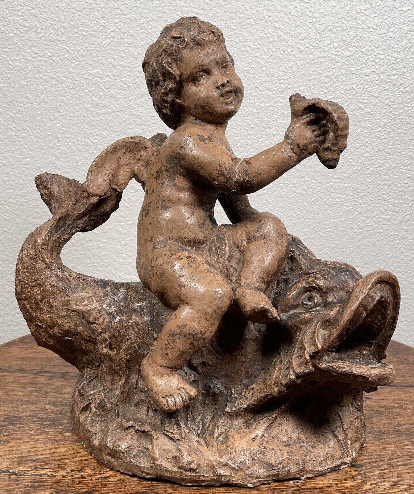 Italian Terracotta Boy Putti Sculpture with Dolphin, Baroque