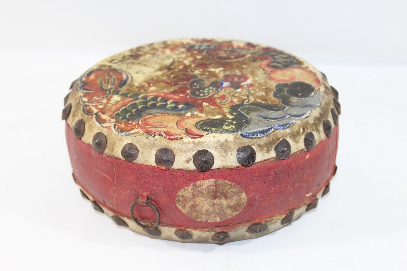 Chinese Double Sided Hide Tack Drum Antique Dragon