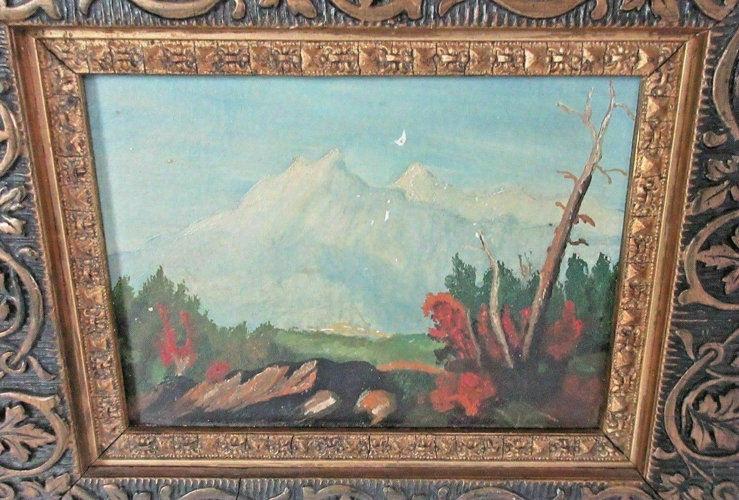 Snowy mountain landscape on small antique oil panel