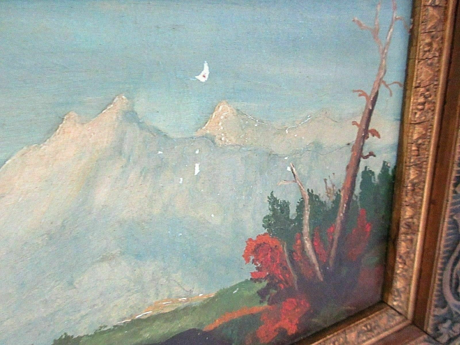 Snowy mountain landscape on small antique oil panel
