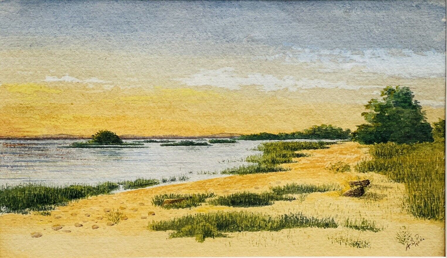 Vintage Watercolor Painting. Morning Sunrise East Coast 1900