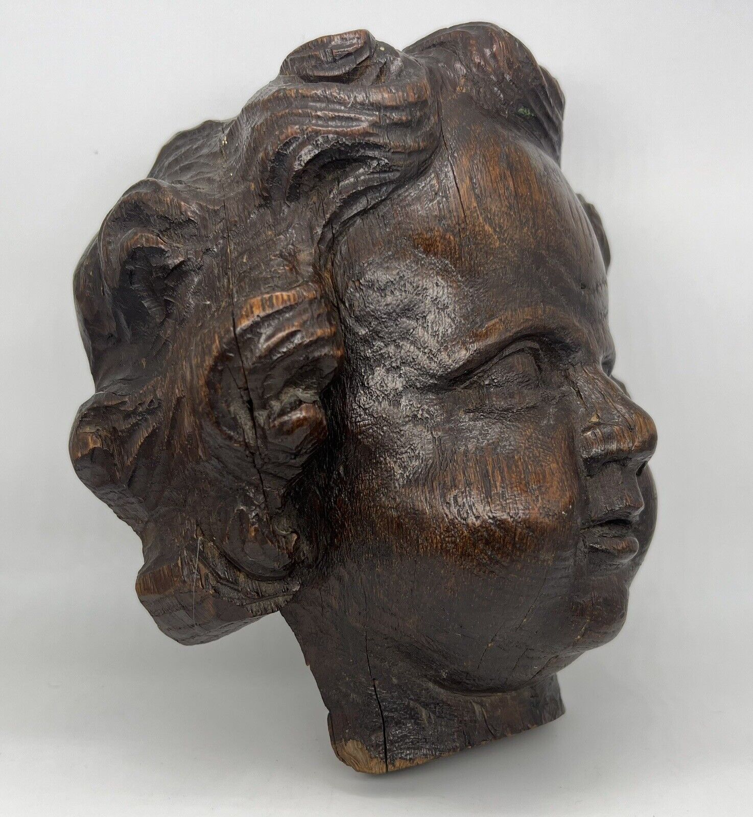 18th-17th C. Antique Carved Wooden Putti Cherub Head