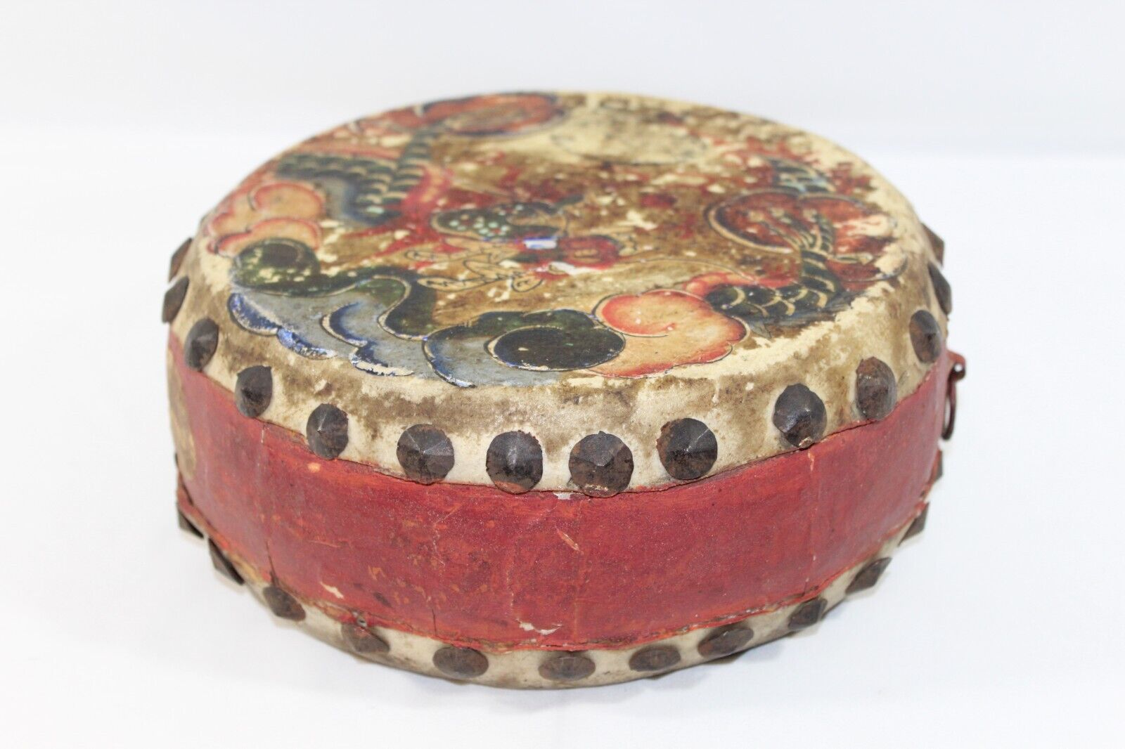 Chinese Double Sided Hide Tack Drum Antique Dragon