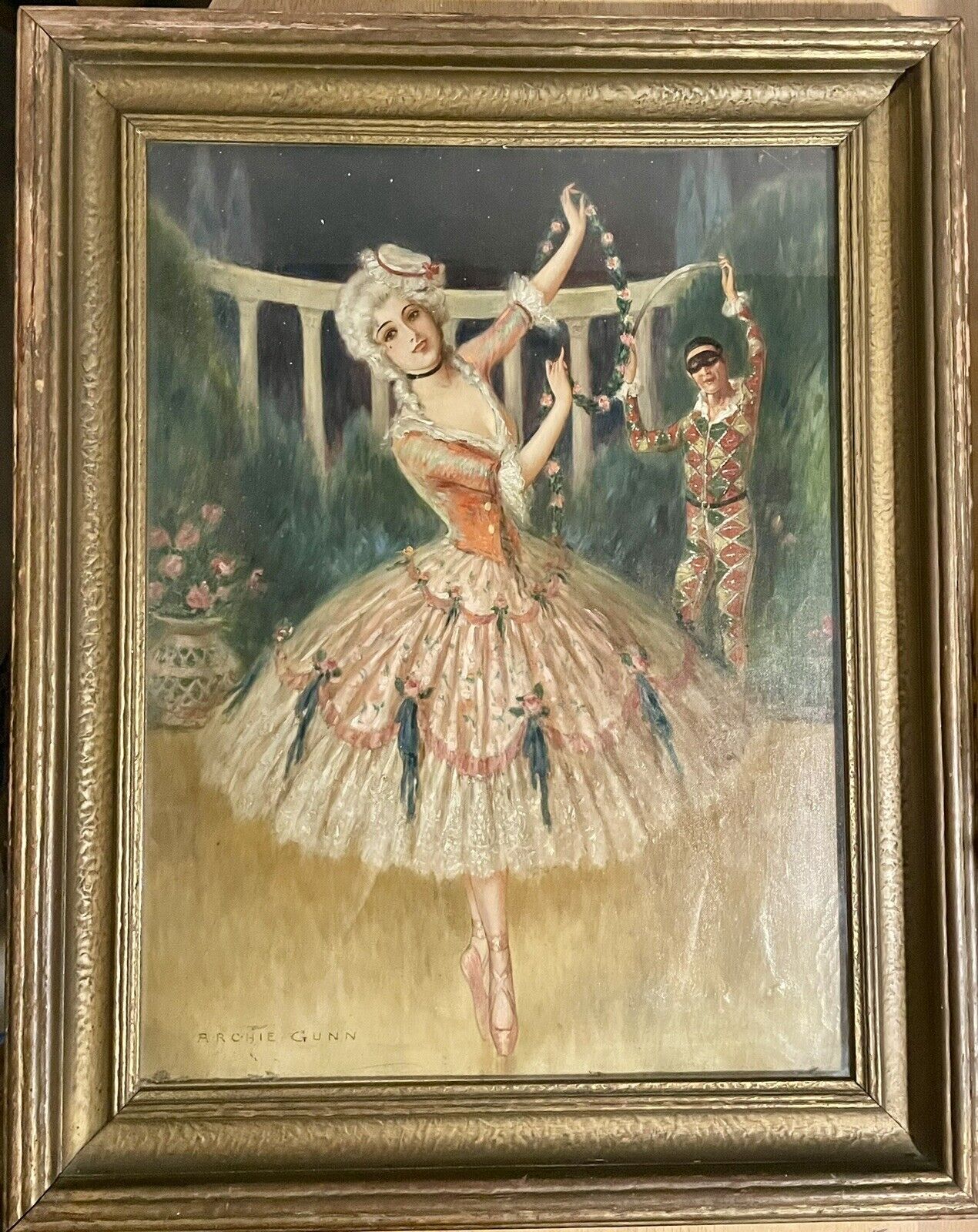 Archie Gunn "Harlequin Dancers" Oil Painting circa 1900