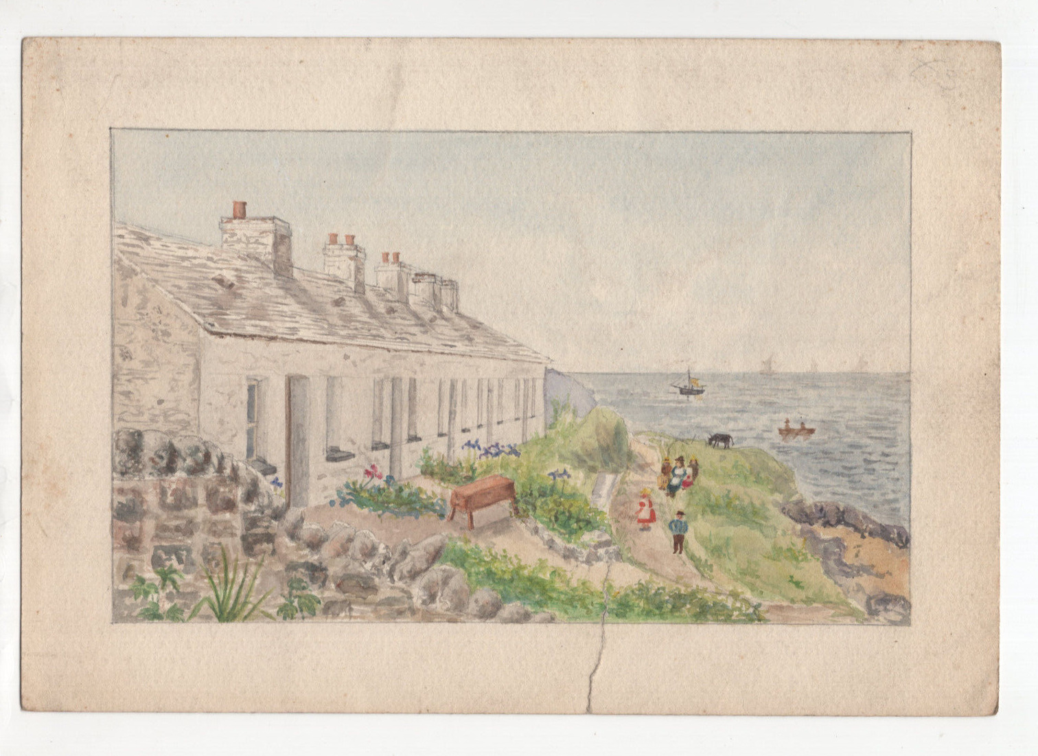 1900's Seaside Cottage Folk Art Painting Vintage Ocean