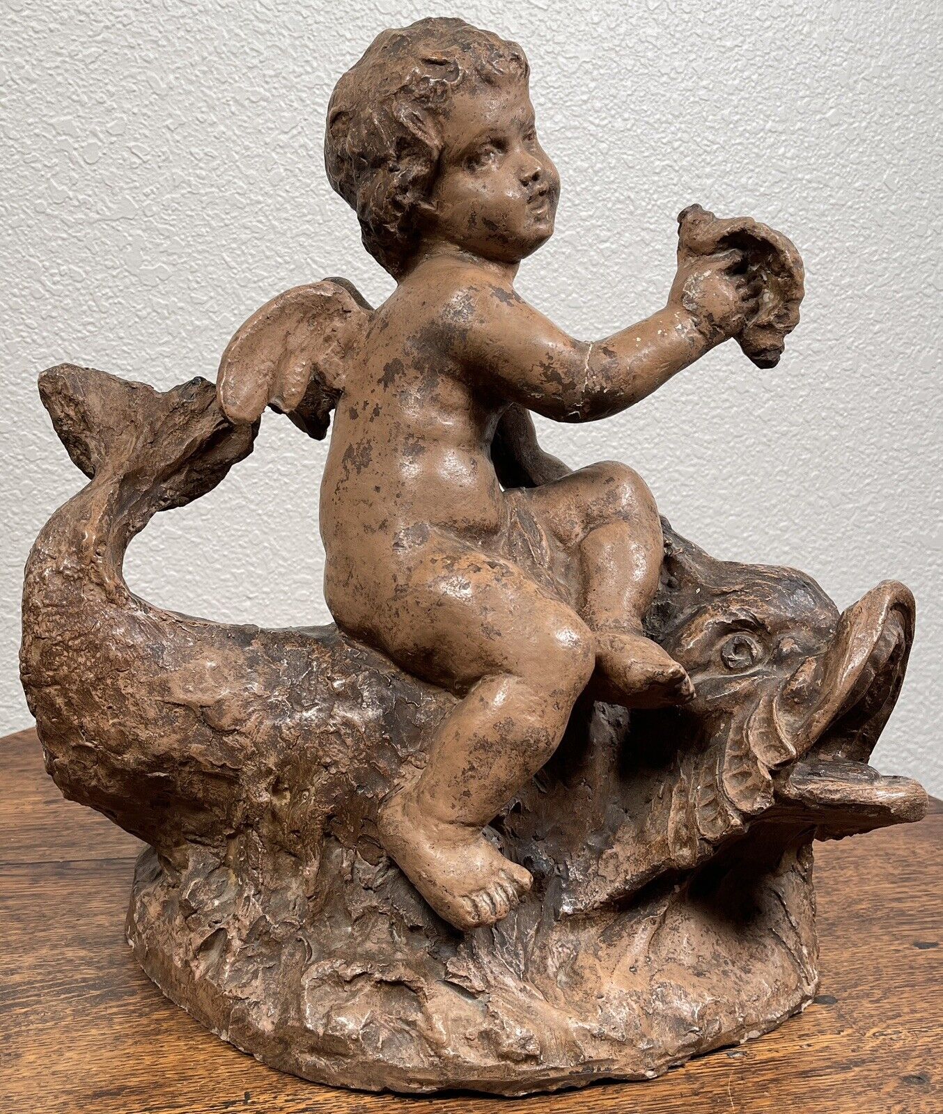 Italian Terracotta Boy Putti Sculpture with Dolphin, Baroque