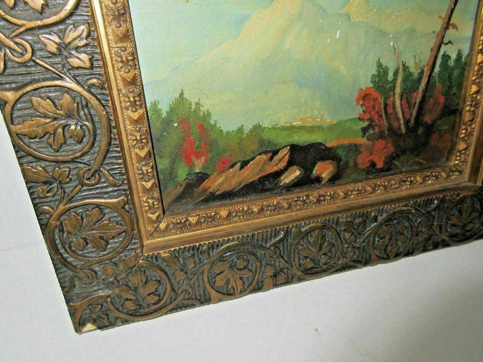 Snowy mountain landscape on small antique oil panel
