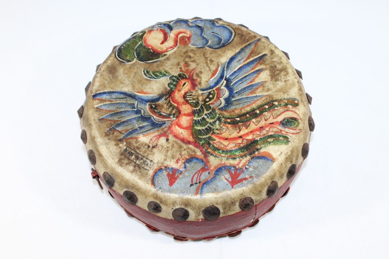 Chinese Double Sided Hide Tack Drum Antique Dragon