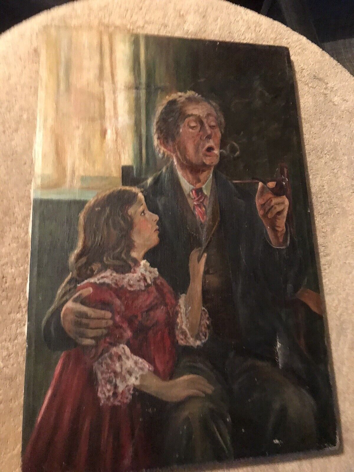 Early 1900's Oil on Canvas Grandfather and Child