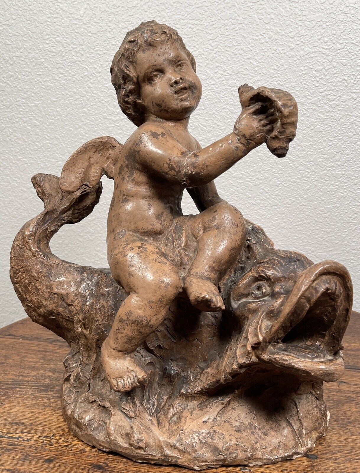 Italian Terracotta Boy Putti Sculpture with Dolphin, Baroque
