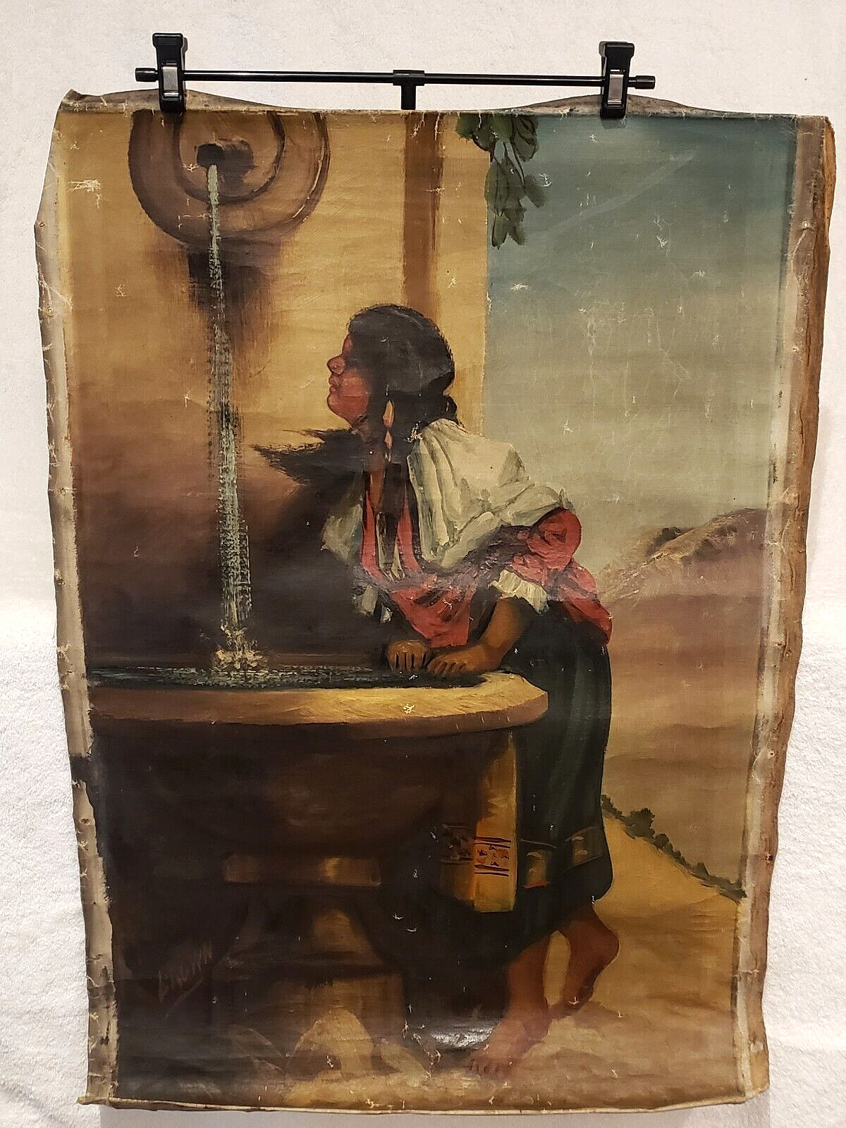 1800's Roman Girl at Fountain Oil Painting - Brown