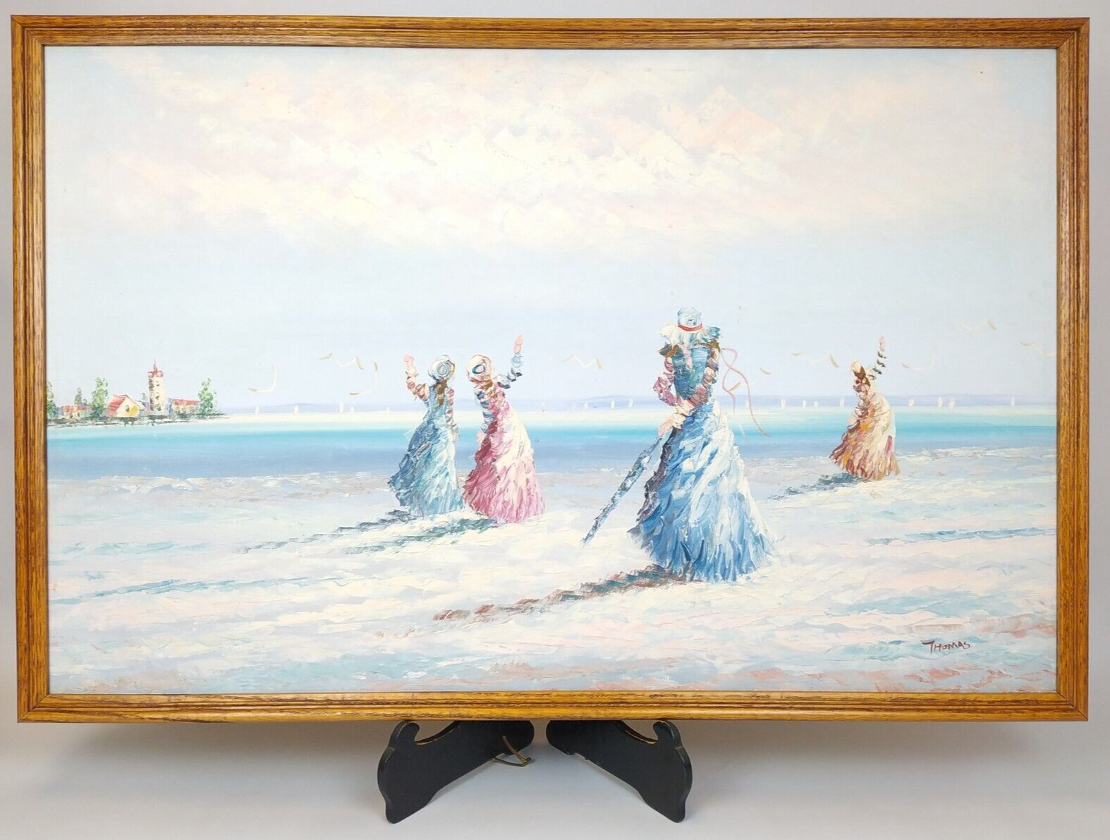 1900s Thomas Original Oil Painting Ladies Beach Scene