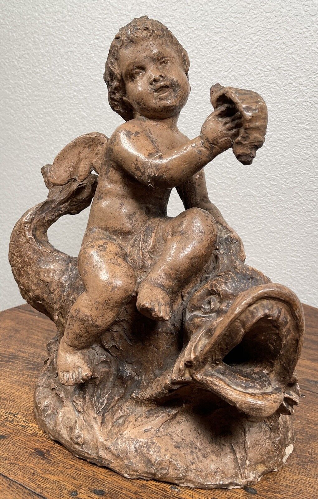 Italian Terracotta Boy Putti Sculpture with Dolphin, Baroque