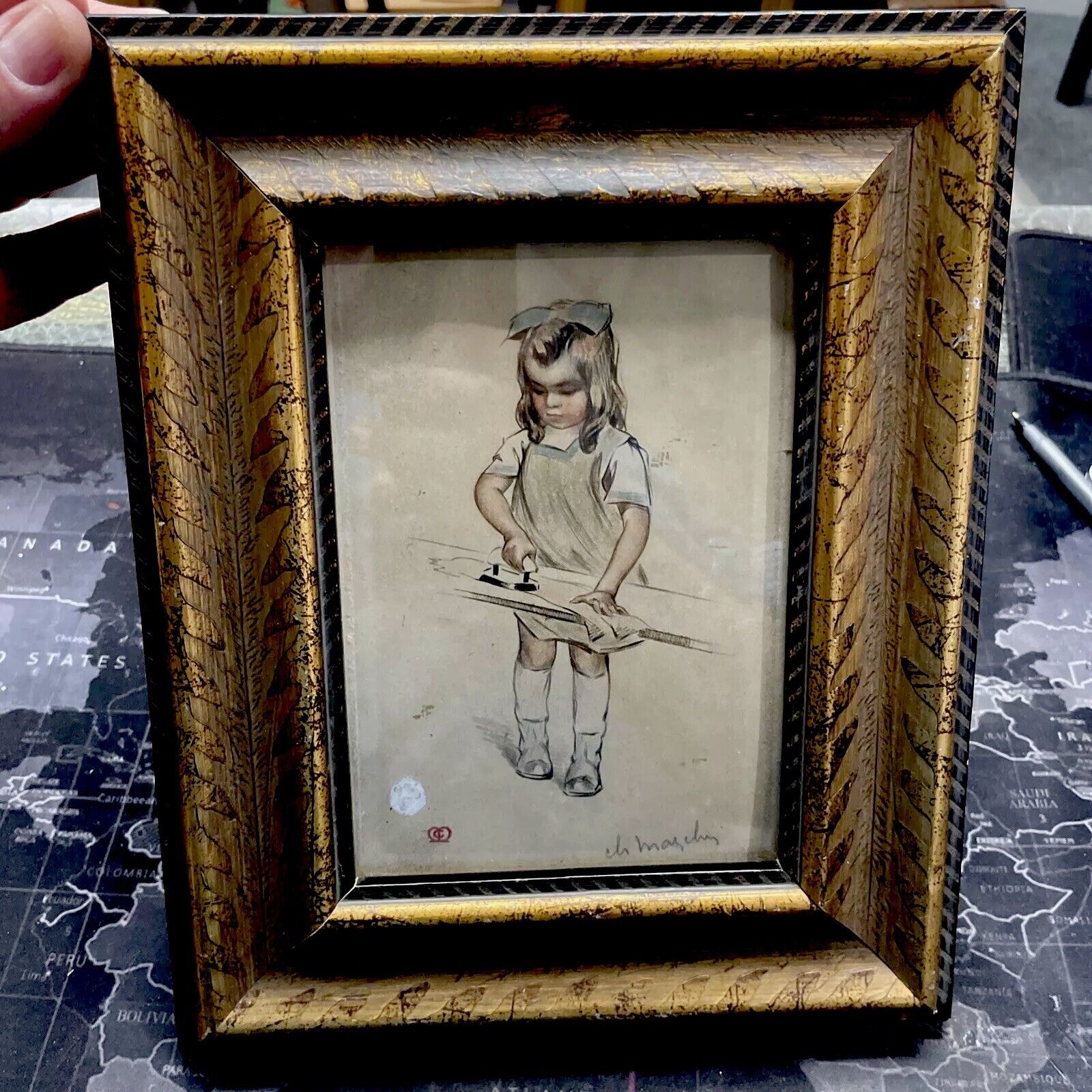 1900s Watercolor Portrait: French School Girl Ironing