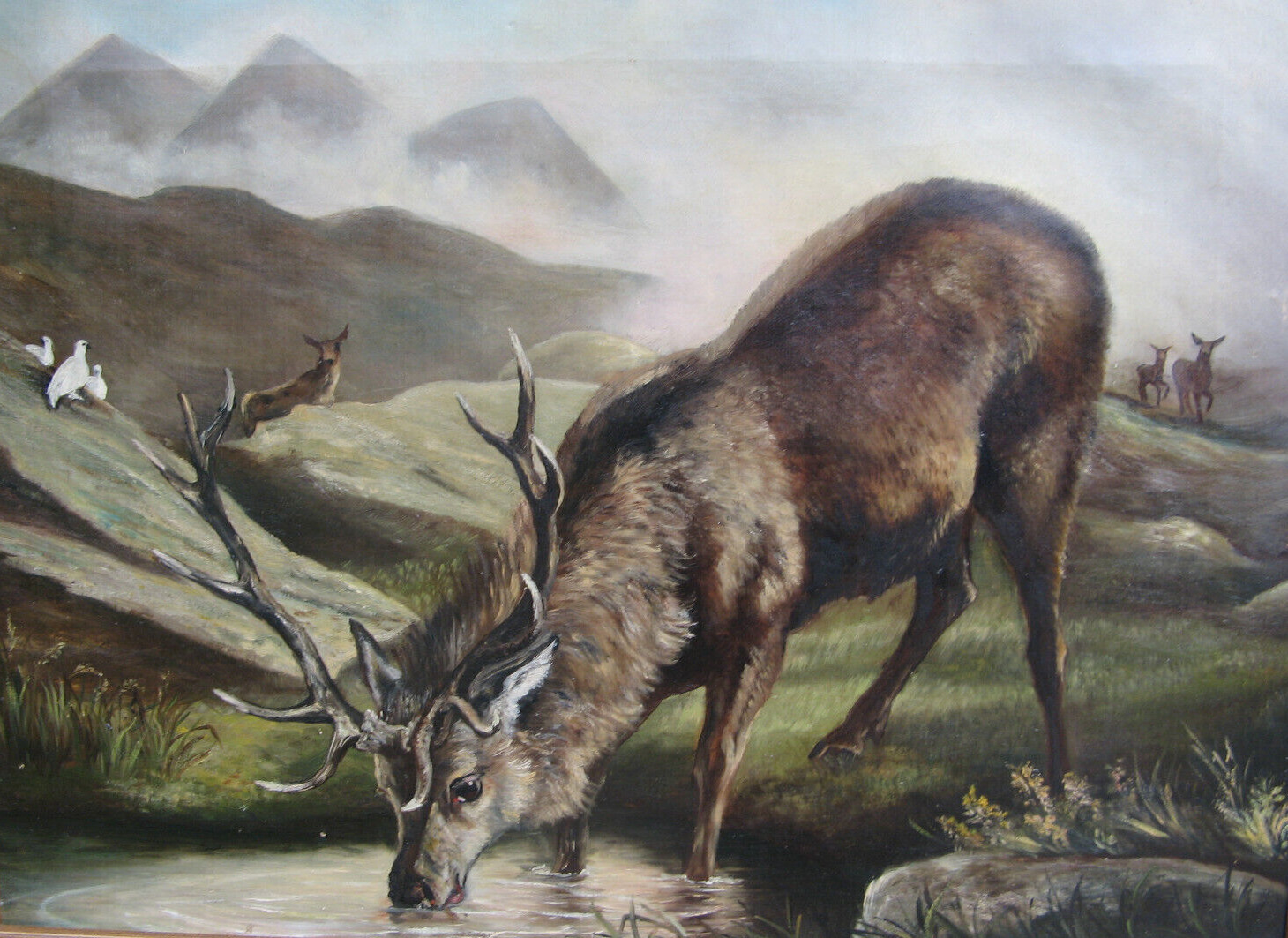 1900s Oil Painting: Elk & Ptarmigan, Three Sisters Mtns