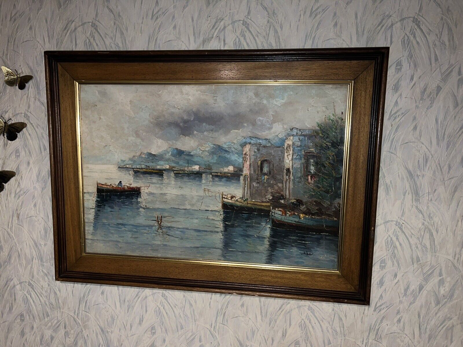 1900s Harbor Port Mountain Oil Painting Signed 43"x32