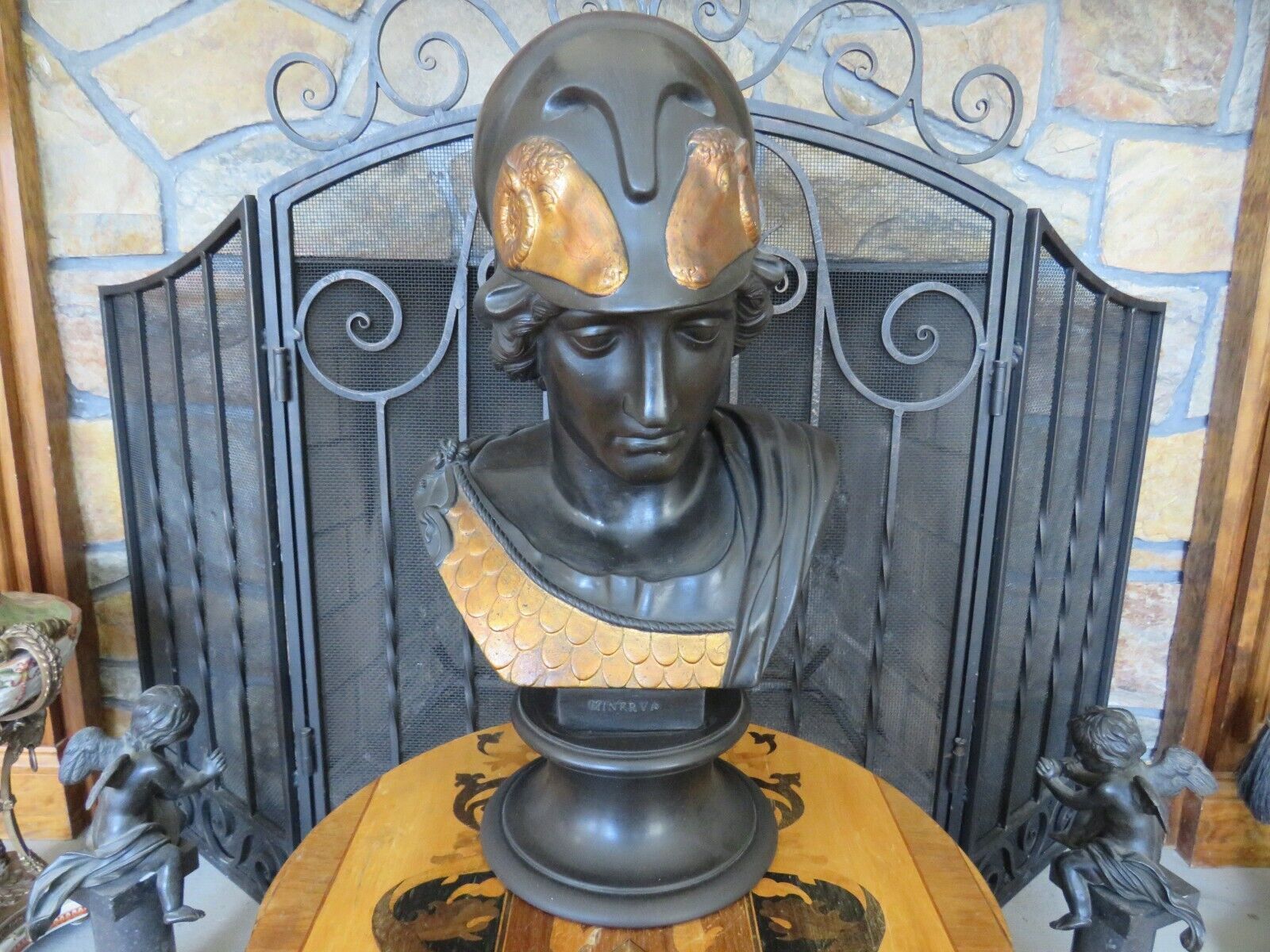 Magnificent Wedgwood Black Basalt Gold Arabesque Minerva Bust