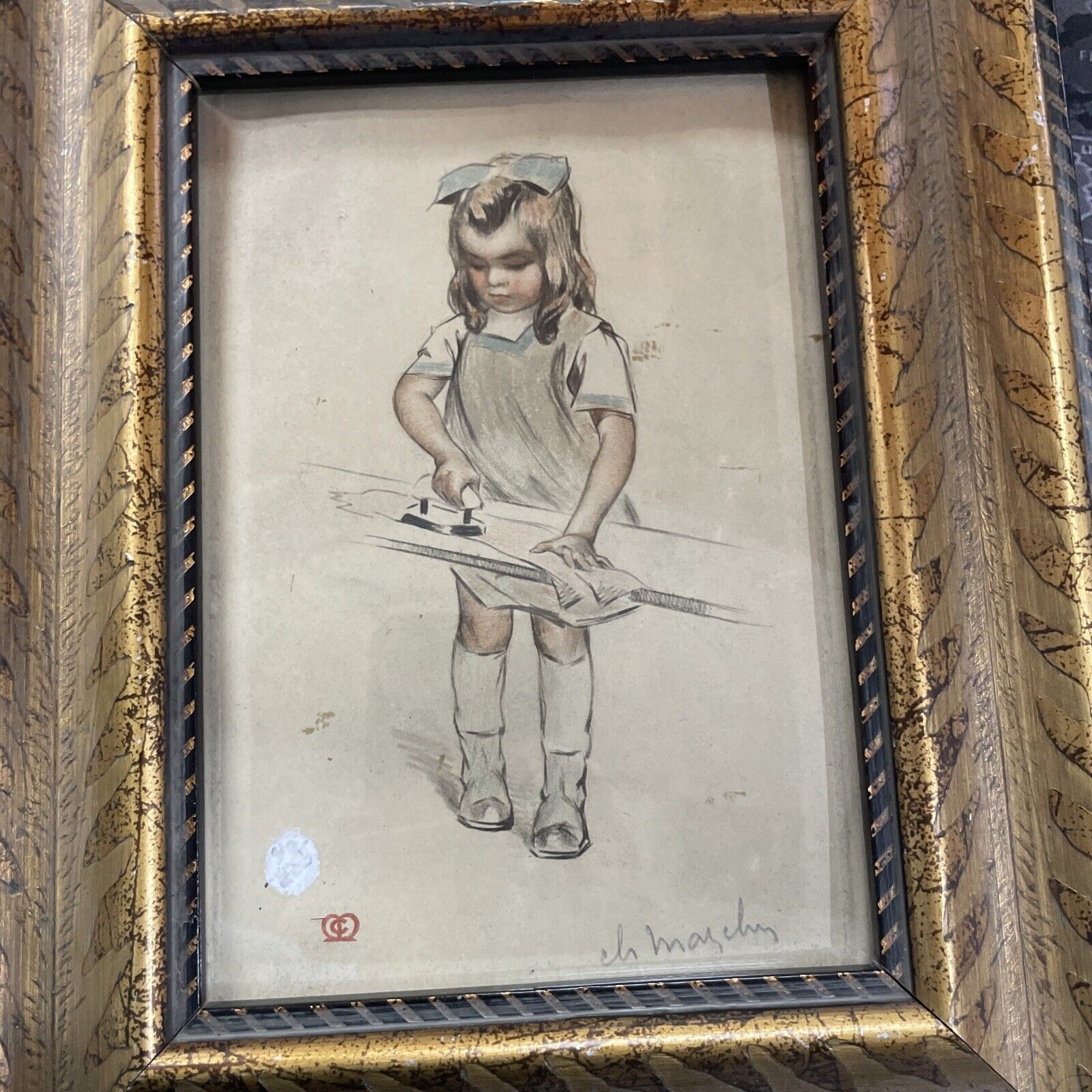 1900s Watercolor Portrait: French School Girl Ironing