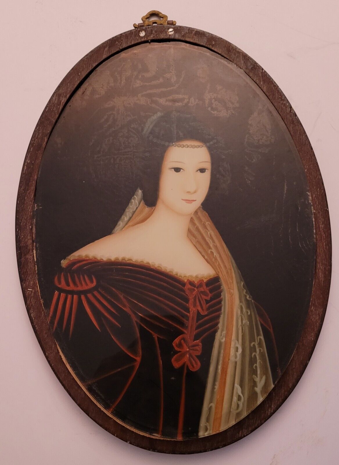 Victorian Lady Portrait in Antique Glass Oil Painting