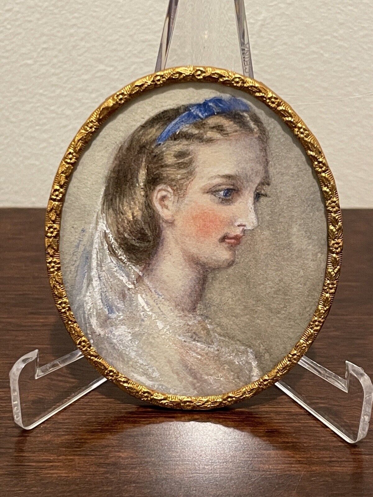19th Century Watercolor Portrait Miniature Young Woman 1800s
