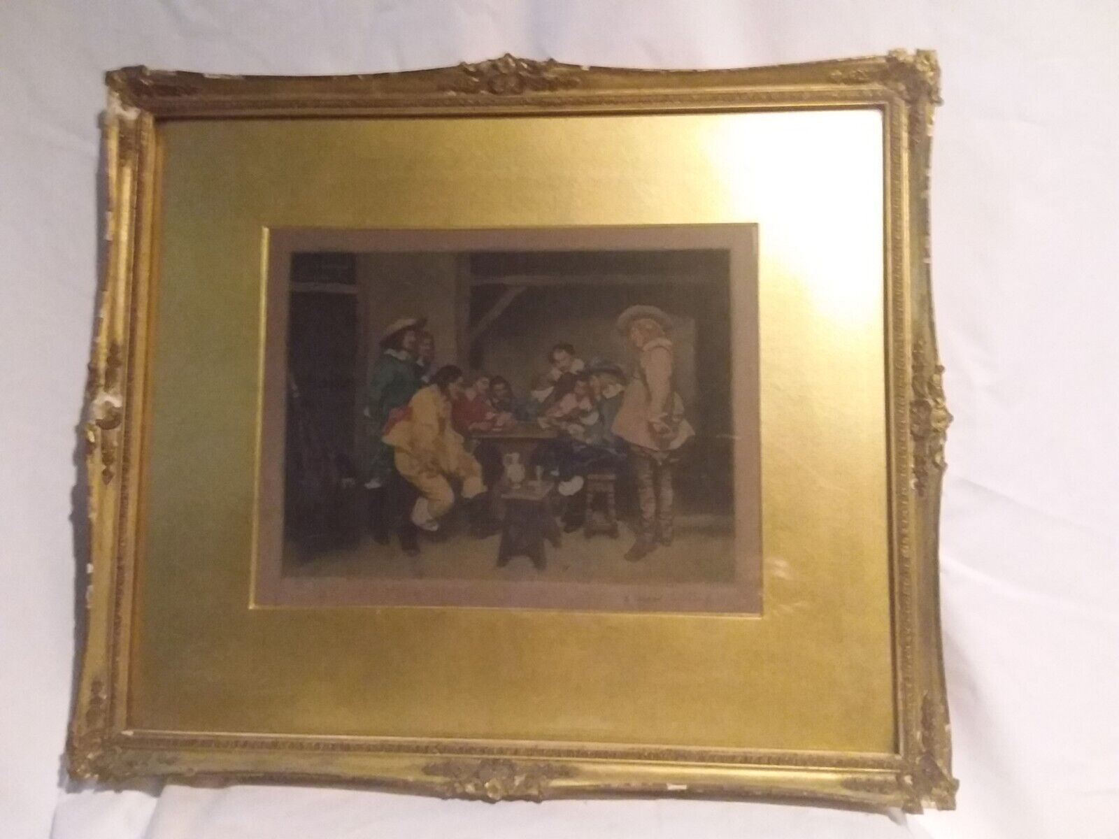 English Coloured Mezzotint Art "Card Players" Ernest Stamp