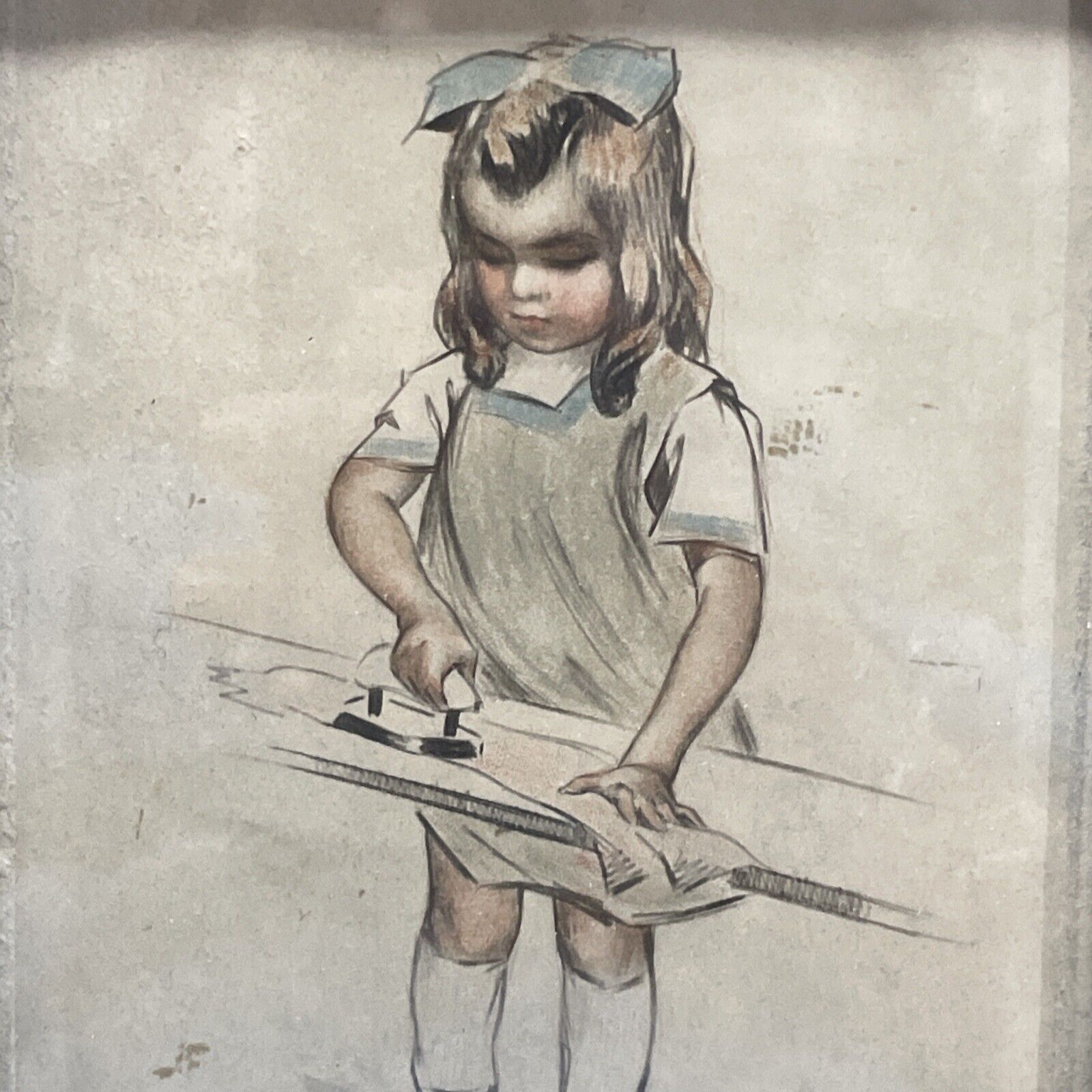 1900s Watercolor Portrait: French School Girl Ironing