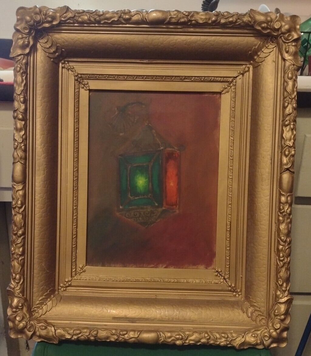 1900's Oil Painting of Stained Glass Lantern in Antique Frame