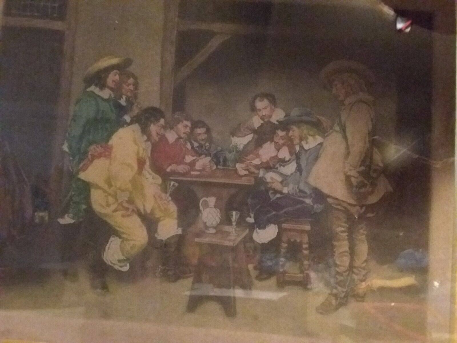 English Coloured Mezzotint Art "Card Players" Ernest Stamp