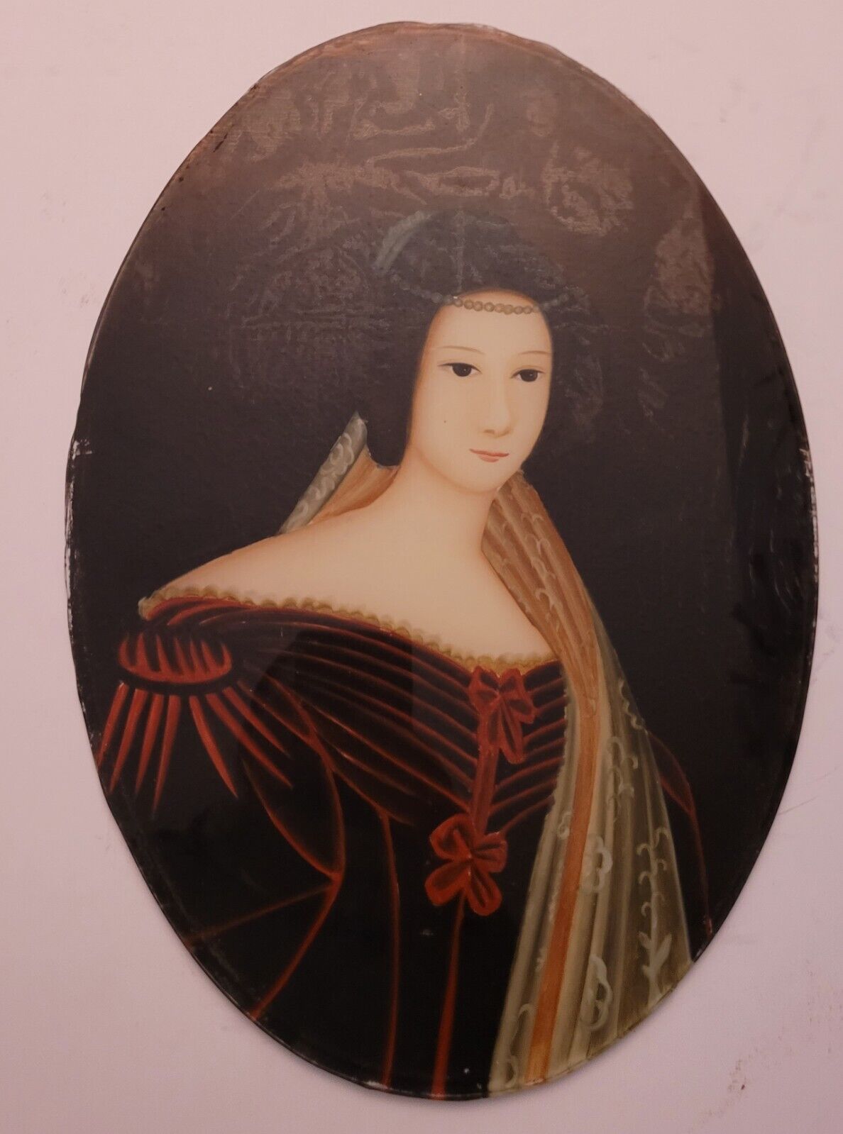 Victorian Lady Portrait in Antique Glass Oil Painting