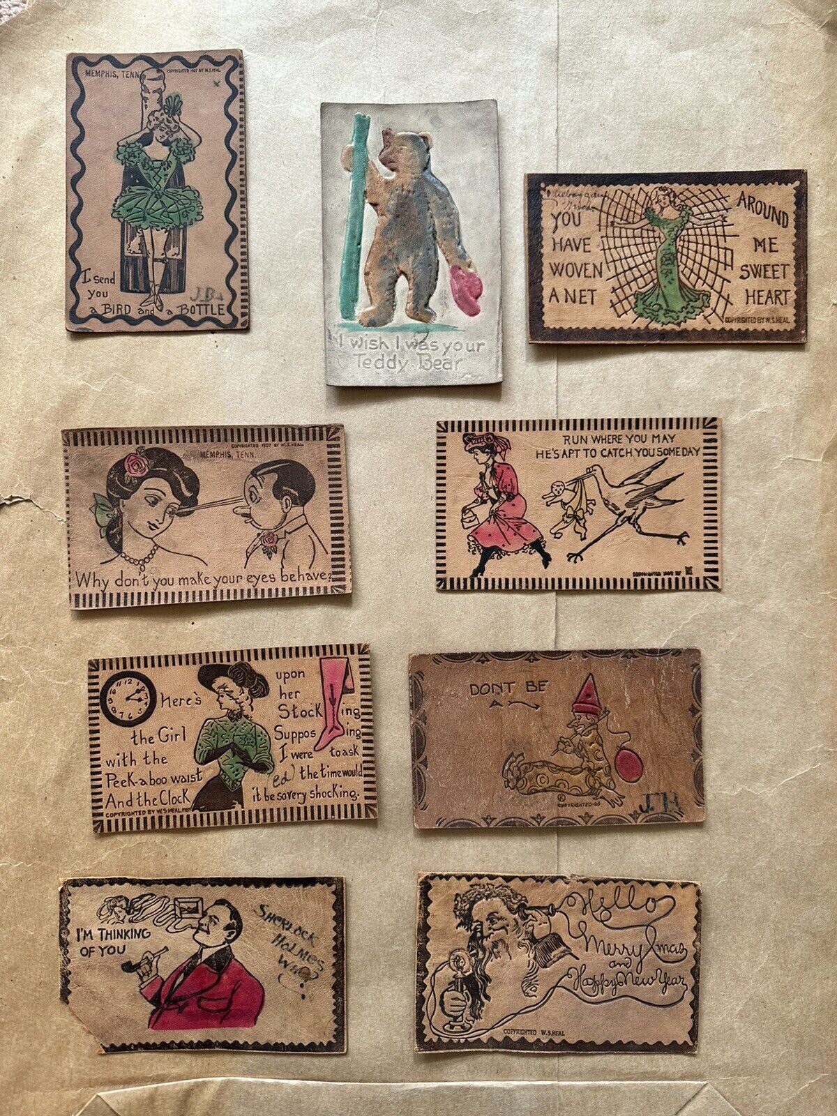 1900s embossed painted leather postcards collection 9 pcs
