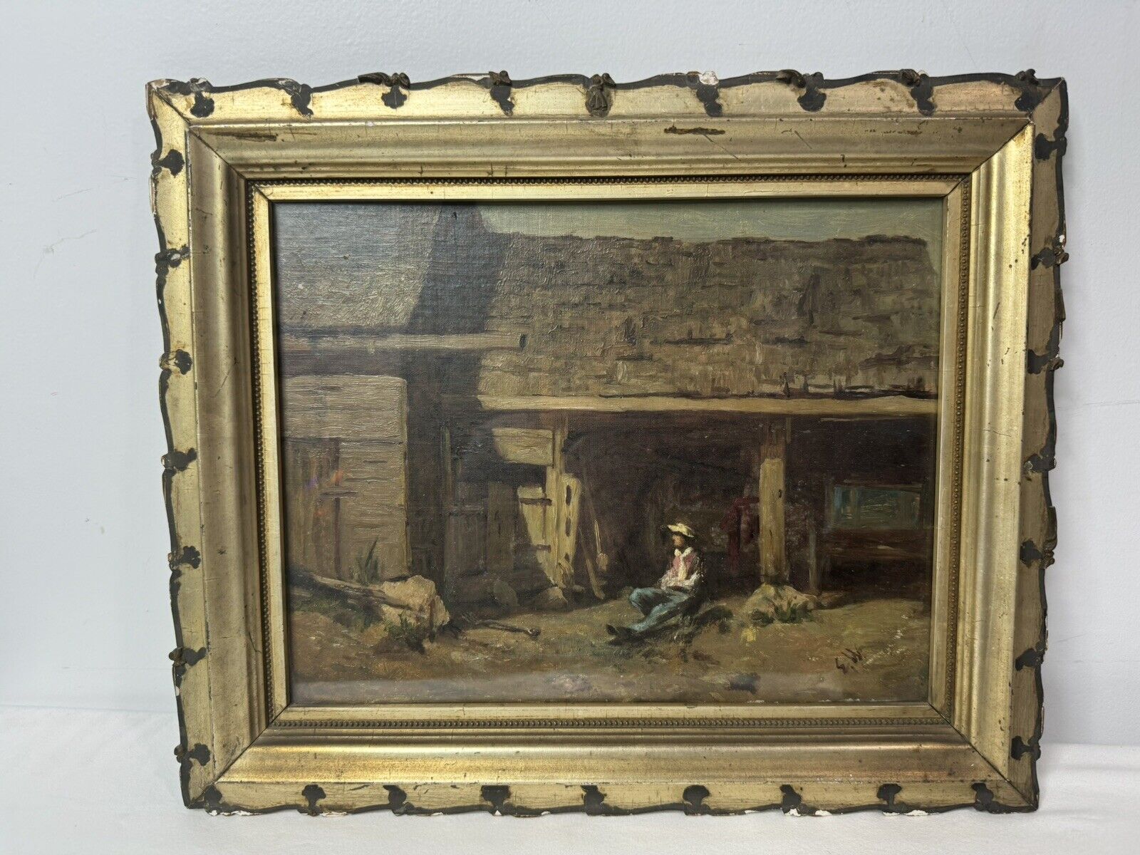 1800's Painting of Man Outside Barn by EW