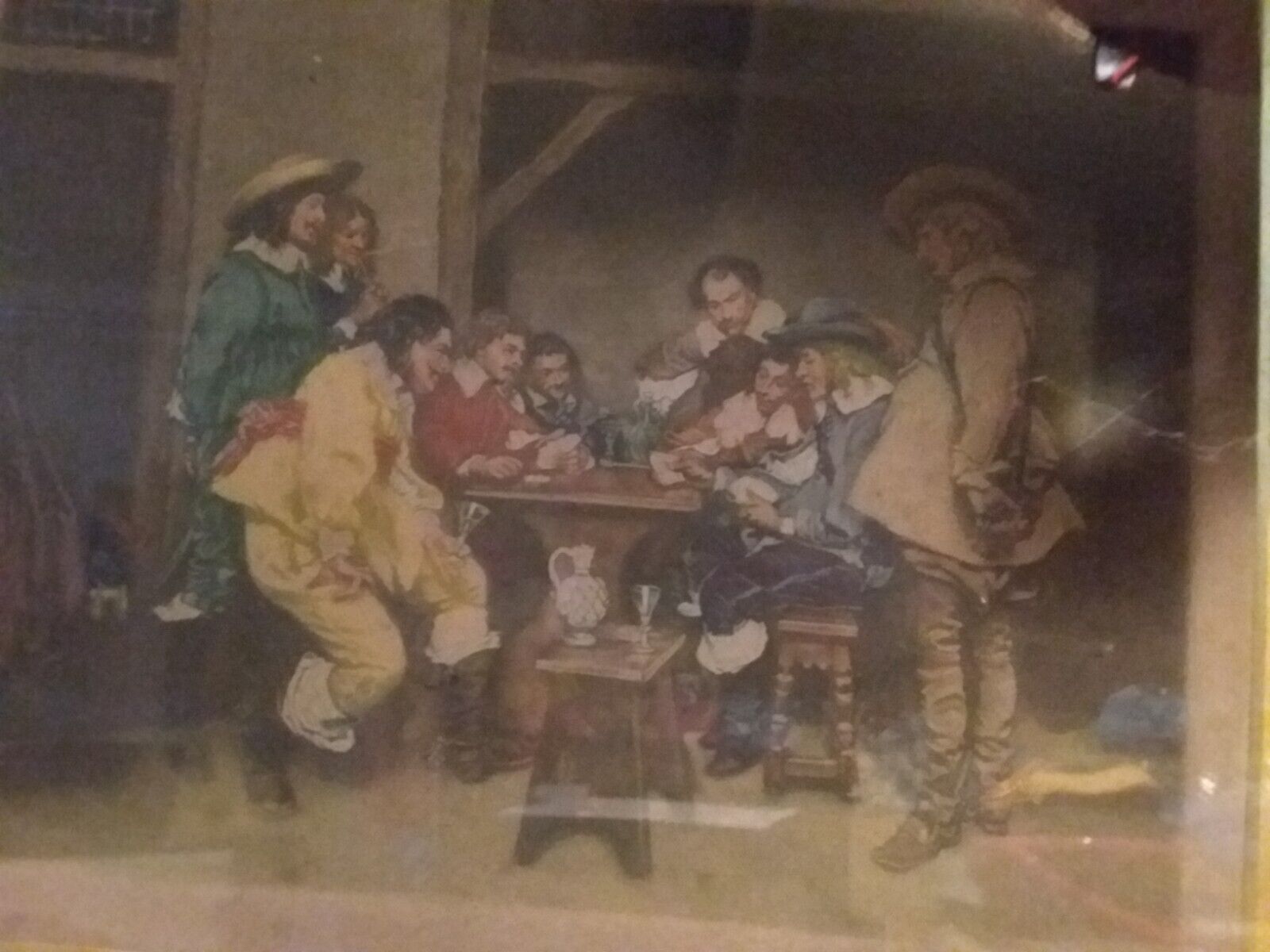 English Coloured Mezzotint Art "Card Players" Ernest Stamp