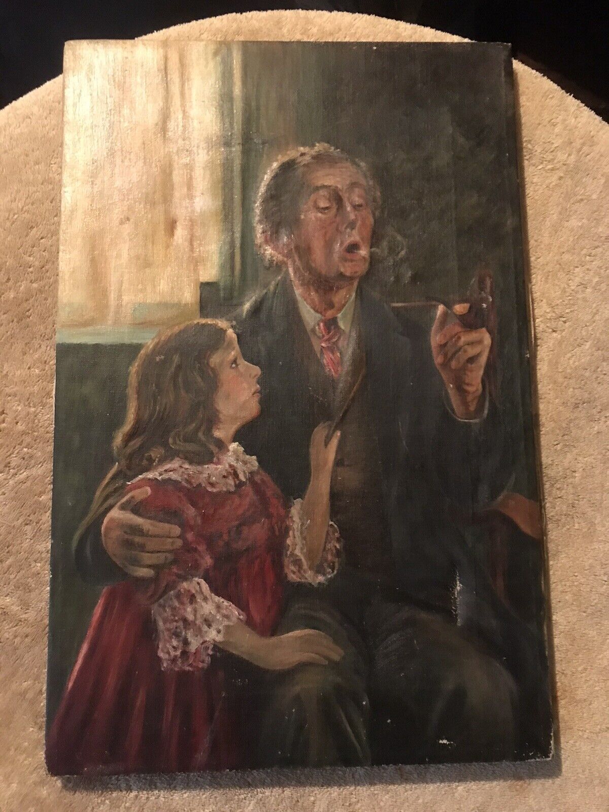 Early 1900's Oil on Canvas Grandfather and Child