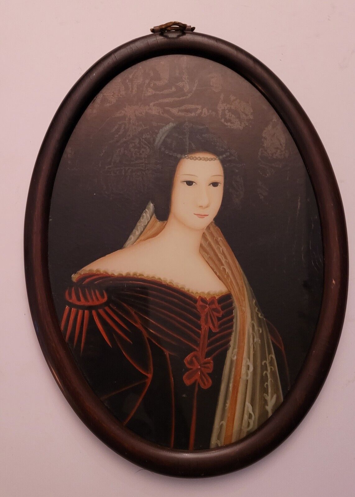 Victorian Lady Portrait in Antique Glass Oil Painting