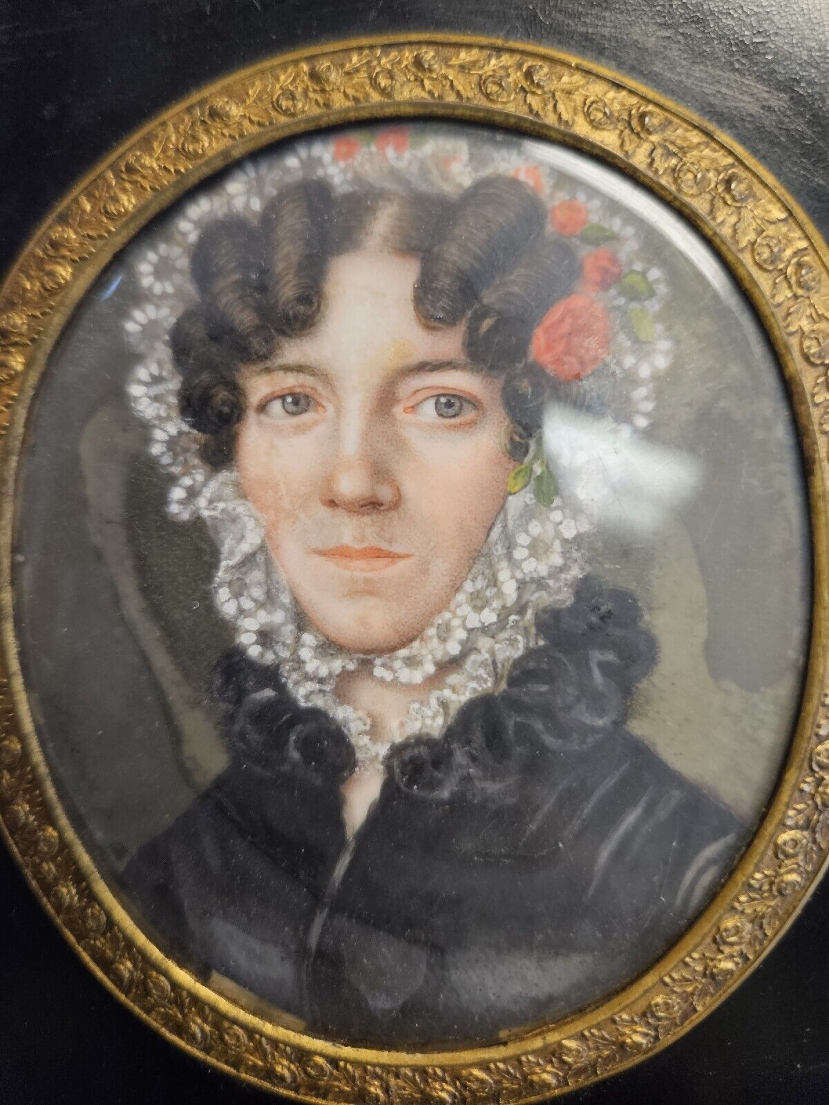 1800s Miniature Portrait Painting of Woman with Lace Veil