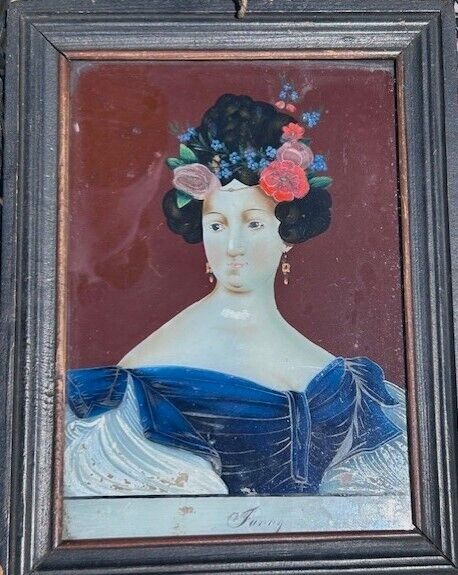 European Woman Reverse-Painting on Glass from the 1800s