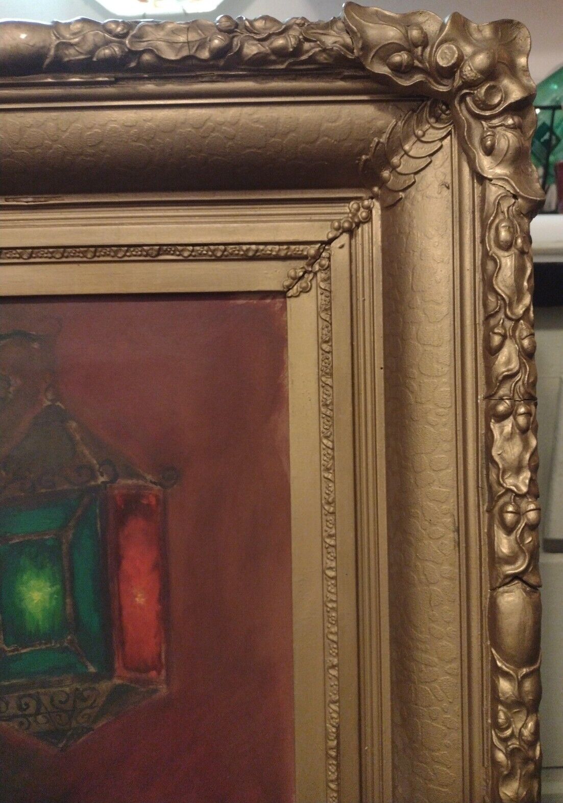 1900's Oil Painting of Stained Glass Lantern in Antique Frame