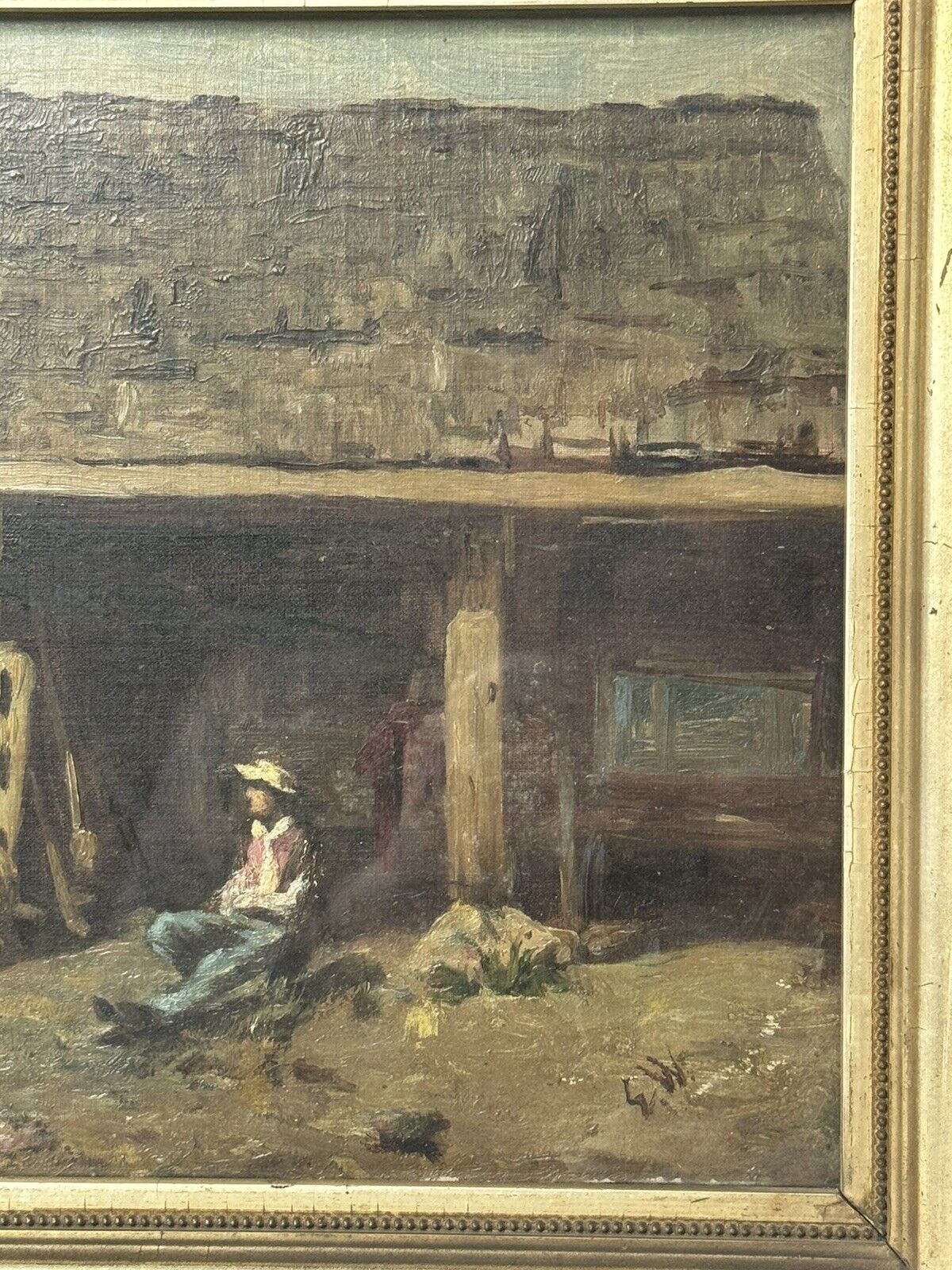 1800's Painting of Man Outside Barn by EW