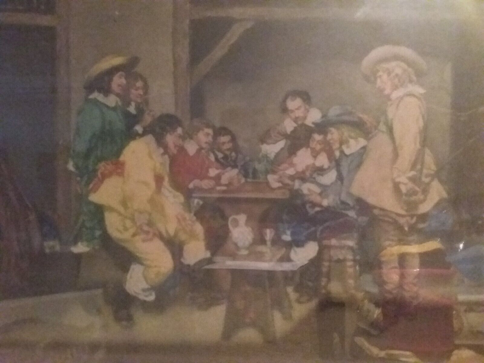 English Coloured Mezzotint Art "Card Players" Ernest Stamp