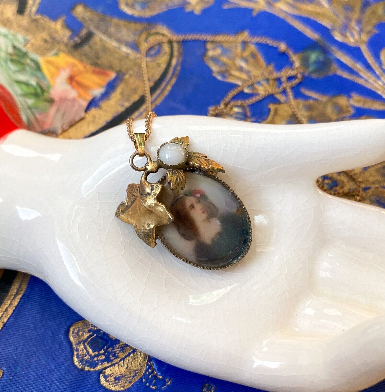 1900s Miniature Hand Painted Portrait Pendant Gold Necklace